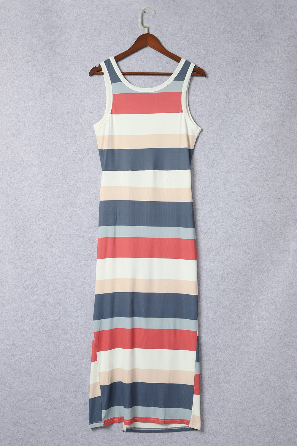 Multicolor Striped Color Block Ribbed Knit Lace-up Slit Tank Dress - Stormyjay