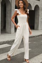 Apricot Smocked Ruffle Strap Pocket Wide Leg Jumpsuit - Stormyjay