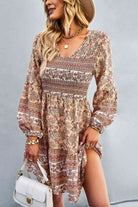 Bohemian V-Neck Balloon Sleeve Dress - Stormyjay