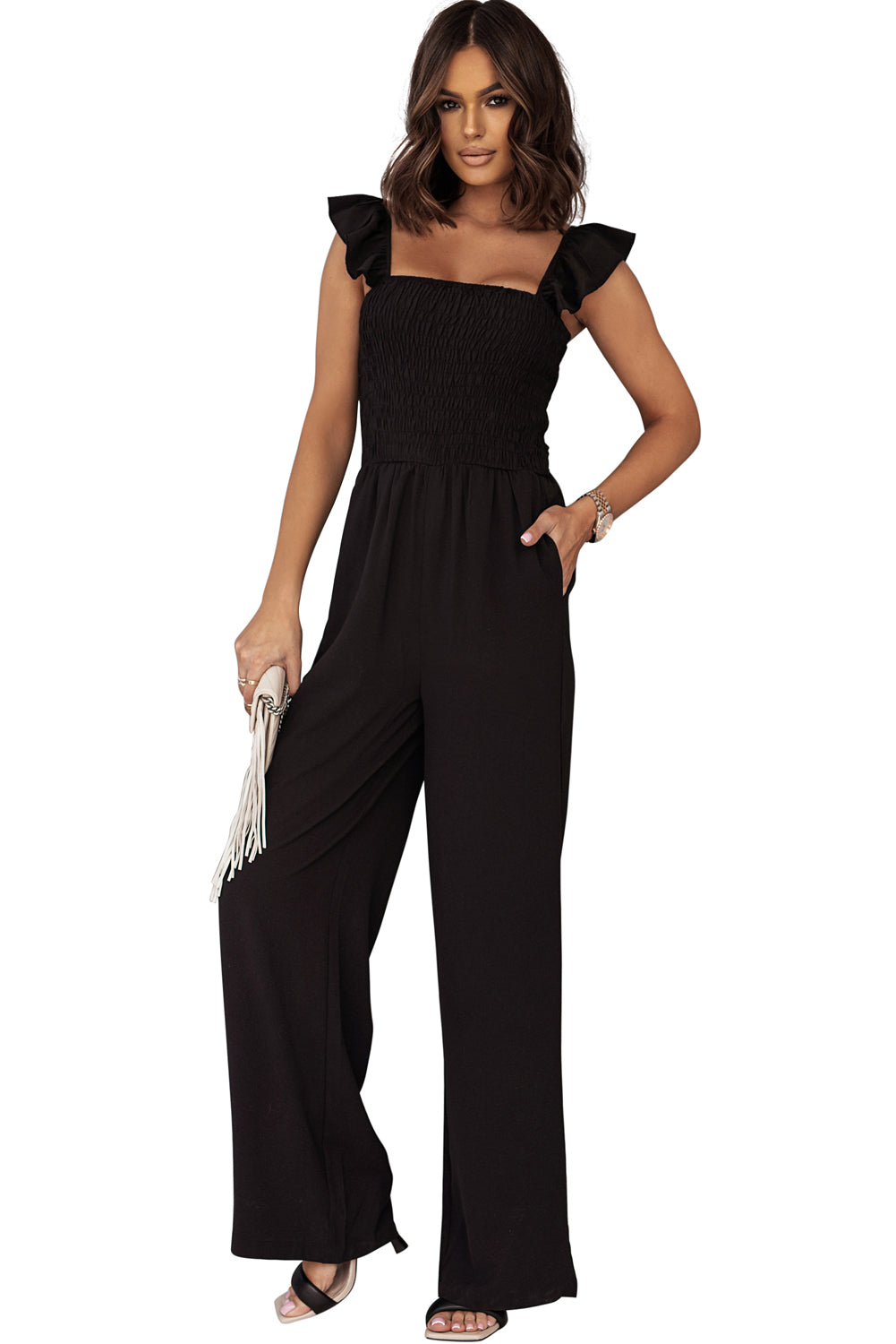 Apricot Smocked Ruffle Strap Pocket Wide Leg Jumpsuit - Stormyjay