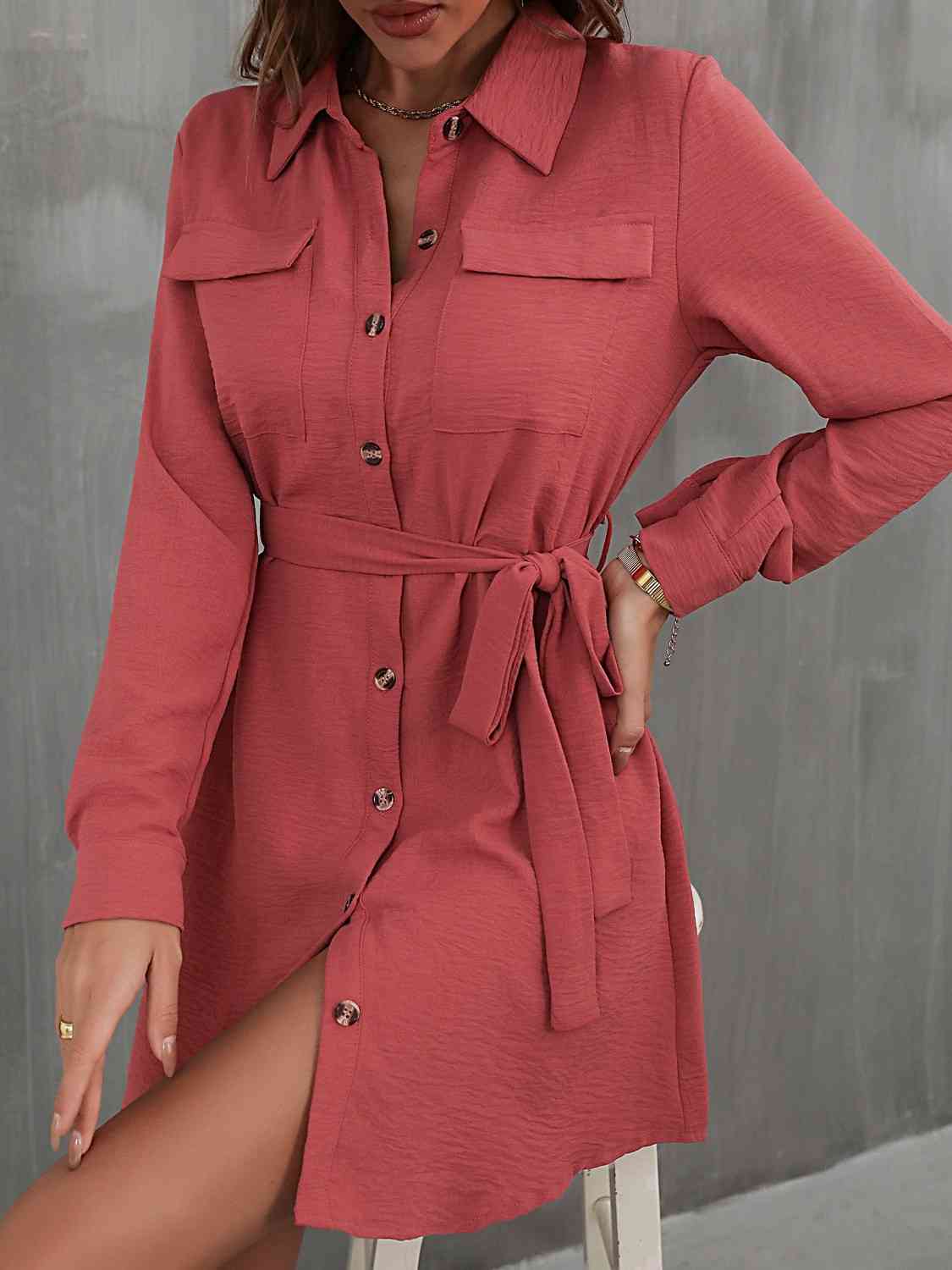 Button Down Belted Long Sleeve Shirt Dress - Stormyjay