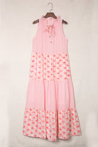 Pink Abstract Print Patchwork Sleeveless V Neck Tiered Dress - Stormyjay