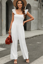 Apricot Smocked Ruffle Strap Pocket Wide Leg Jumpsuit - Stormyjay