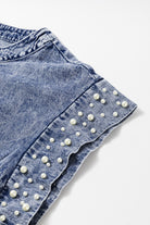 Dusk Blue Acid Wash Pearl Embellishment O Neck Denim Top - Stormyjay