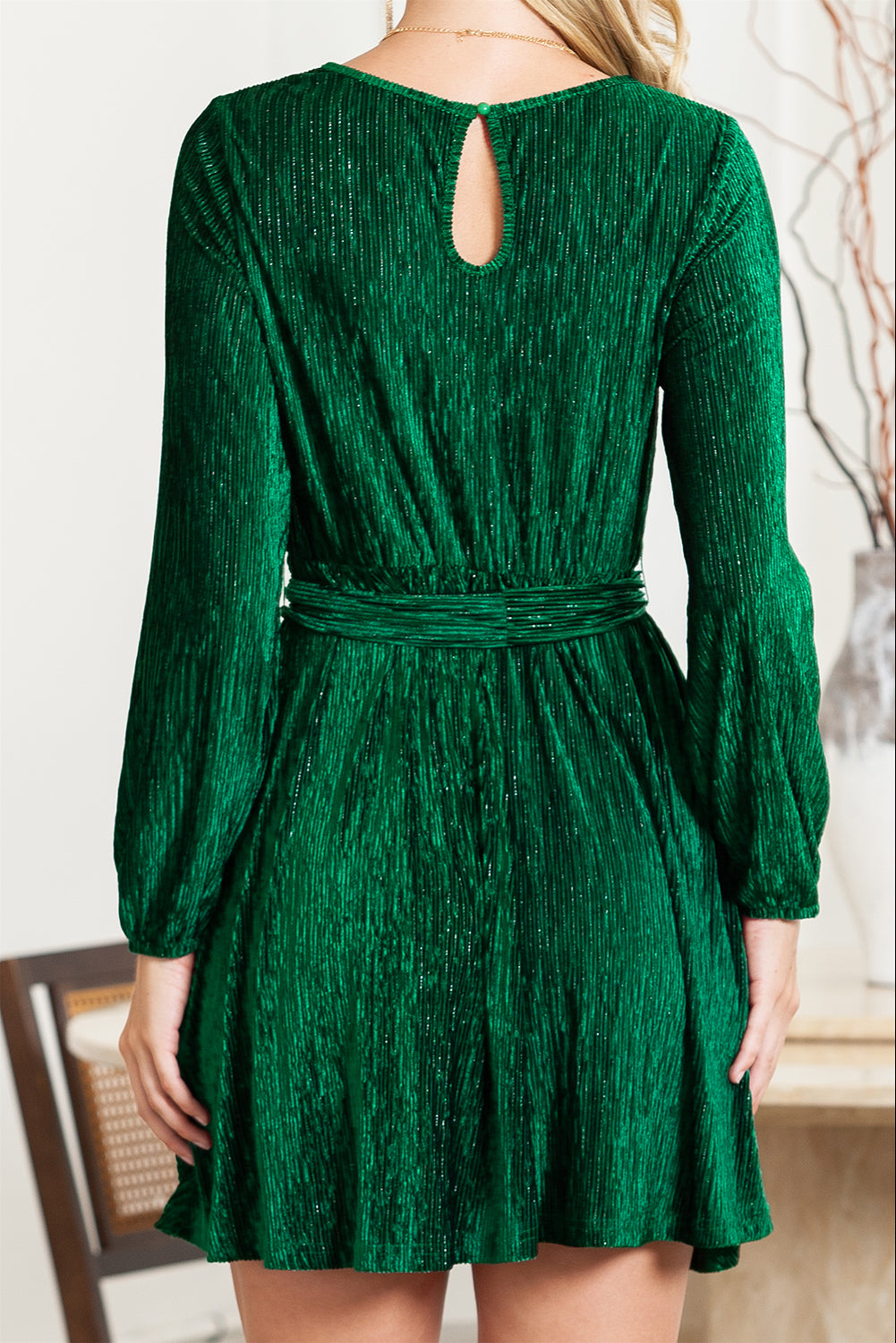 Green Crinkle Velvet Tie Waist Puff Sleeve Mini Dress - Stormyjay