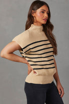 Parchment Striped Knit Mock Neck Short Sleeve Sweater - Stormyjay