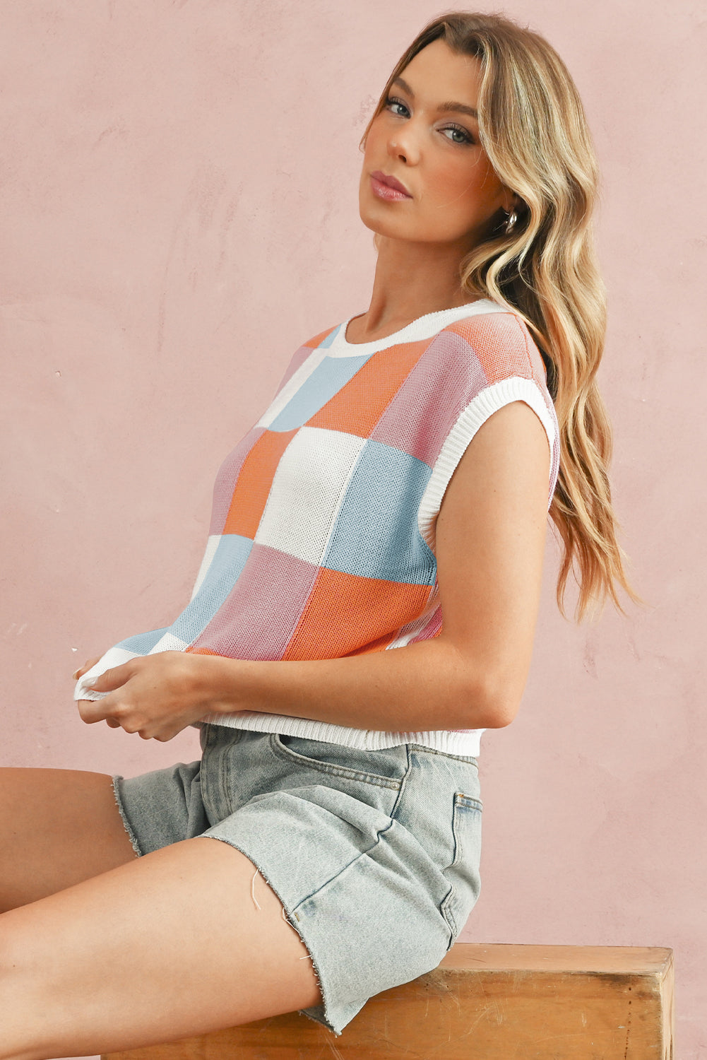 Grapefruit Orange Checkered Color Block Cap Sleeve Knitted Top - Stormyjay