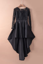 Black Long Sleeve Lace High Low Satin Prom Dress - Stormyjay