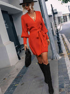 Belted Surplice Lantern Sleeve Wrap Sweater Dress - Stormyjay