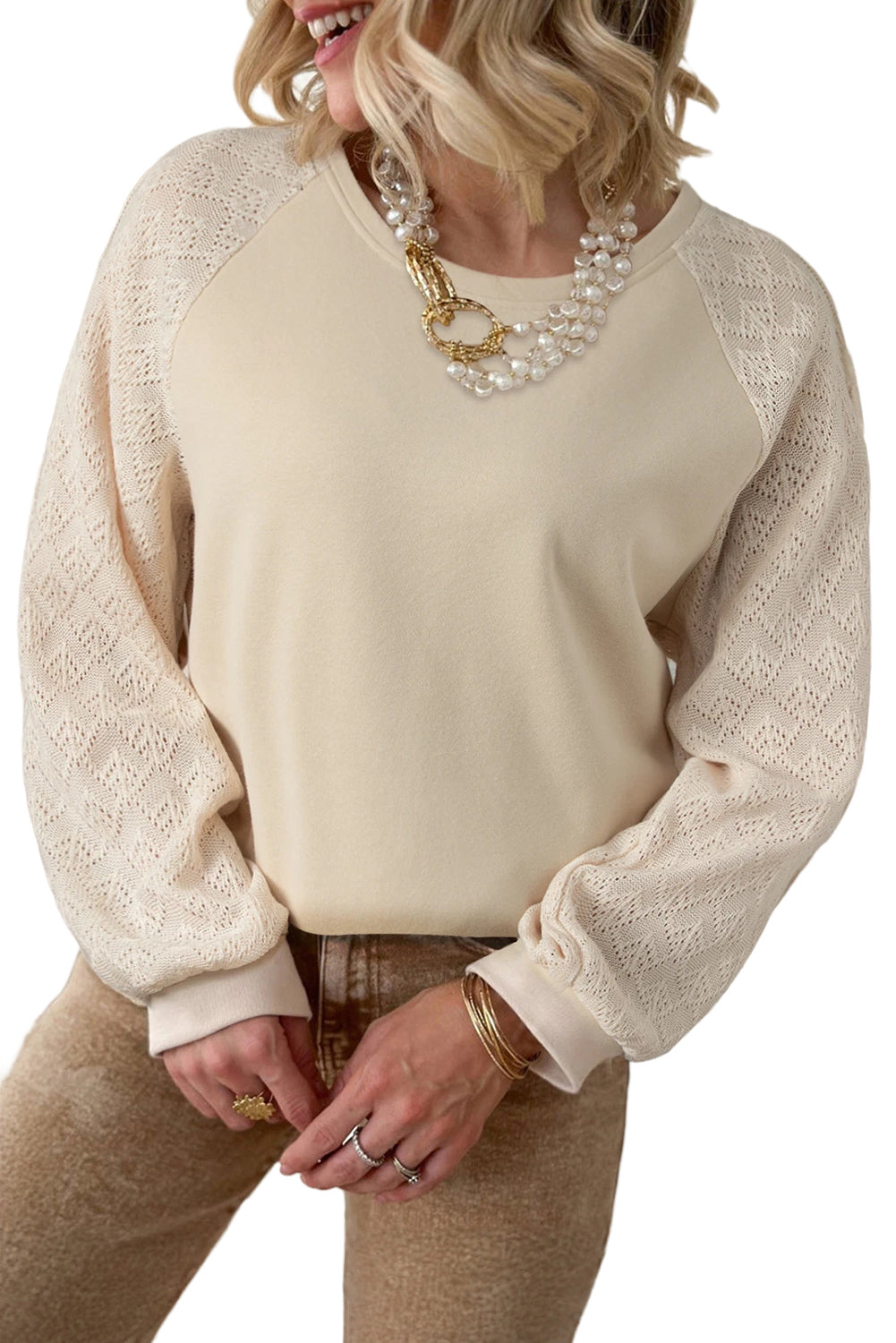 Parchment Eyelet Knit Patchwork Raglan Sleeve Sweatshirt - Stormyjay