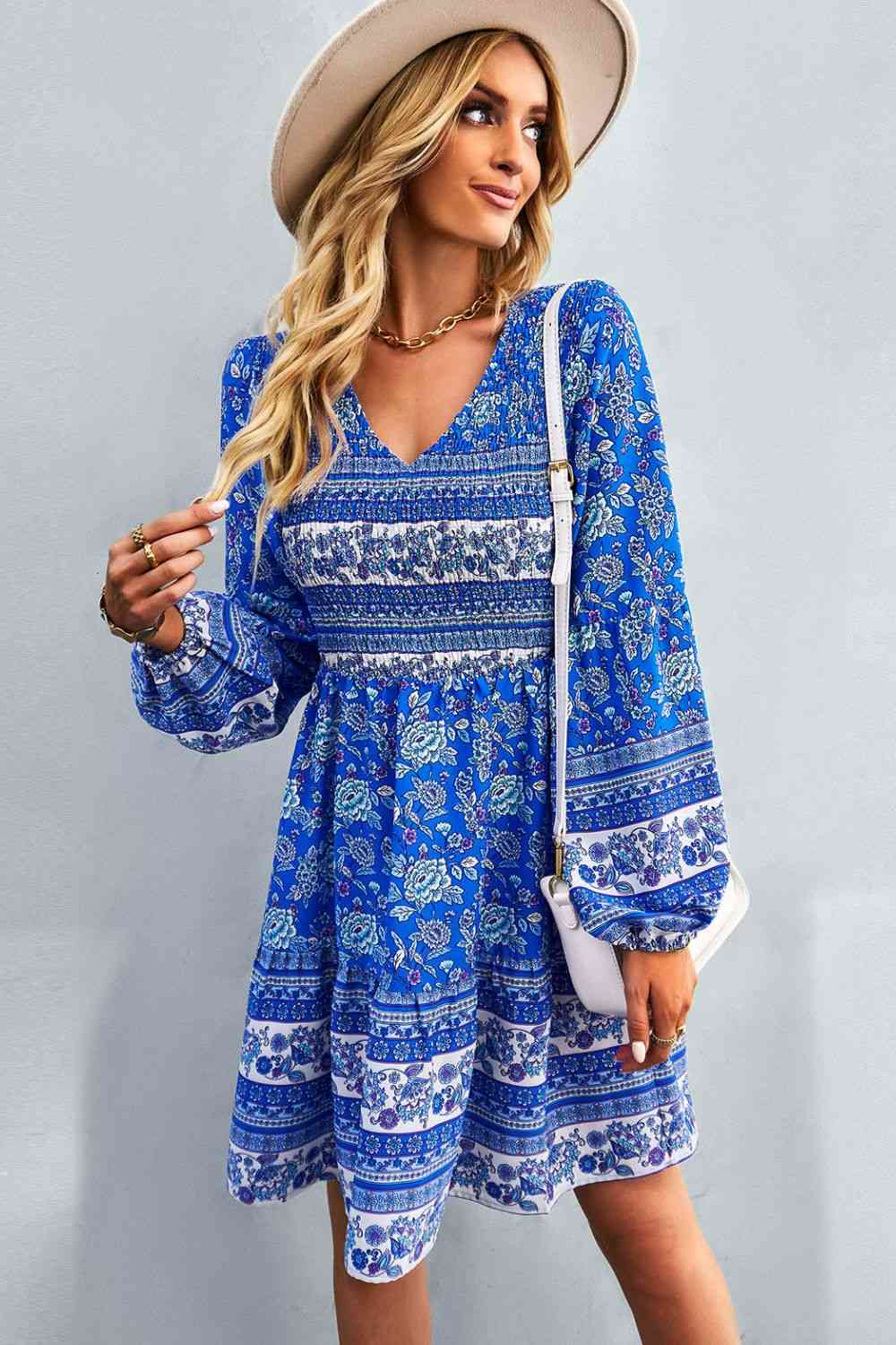 Bohemian V-Neck Balloon Sleeve Dress - Stormyjay