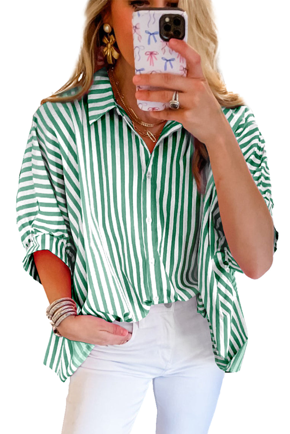 Pink Stripe Button Up Dolman Shirt - Stormyjay