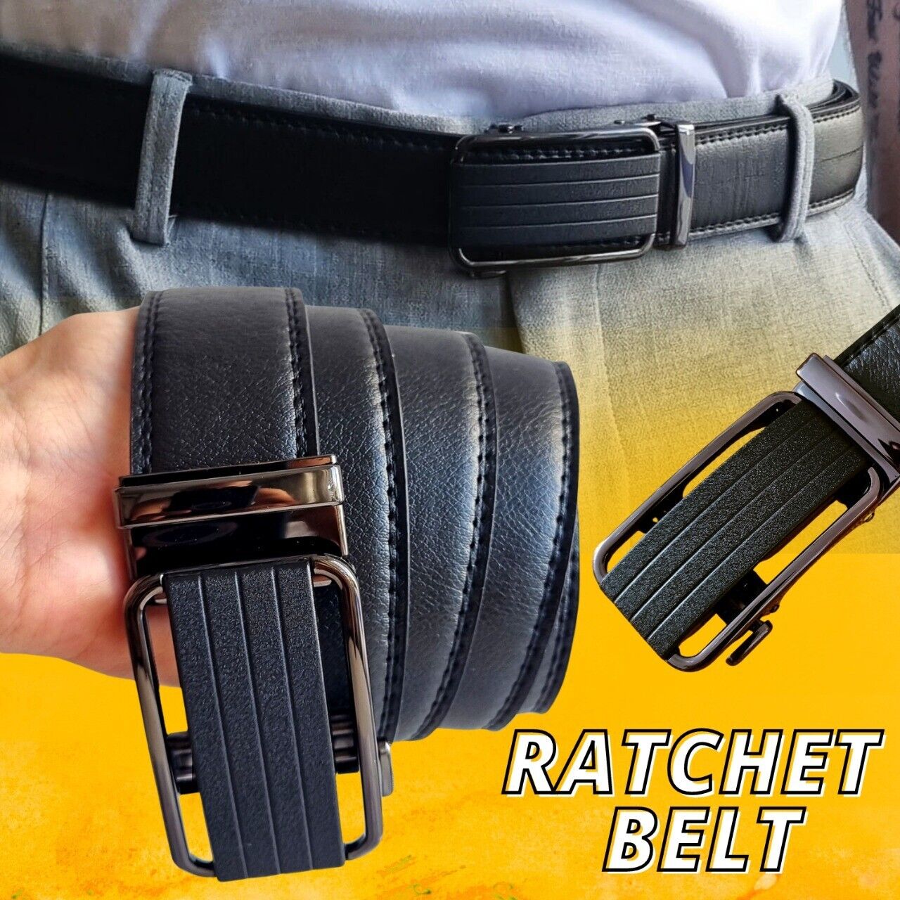 Microfiber Leather Mens Ratchet Belt Belts For Men Adjustable Size, Slide Buckle - Stormyjay