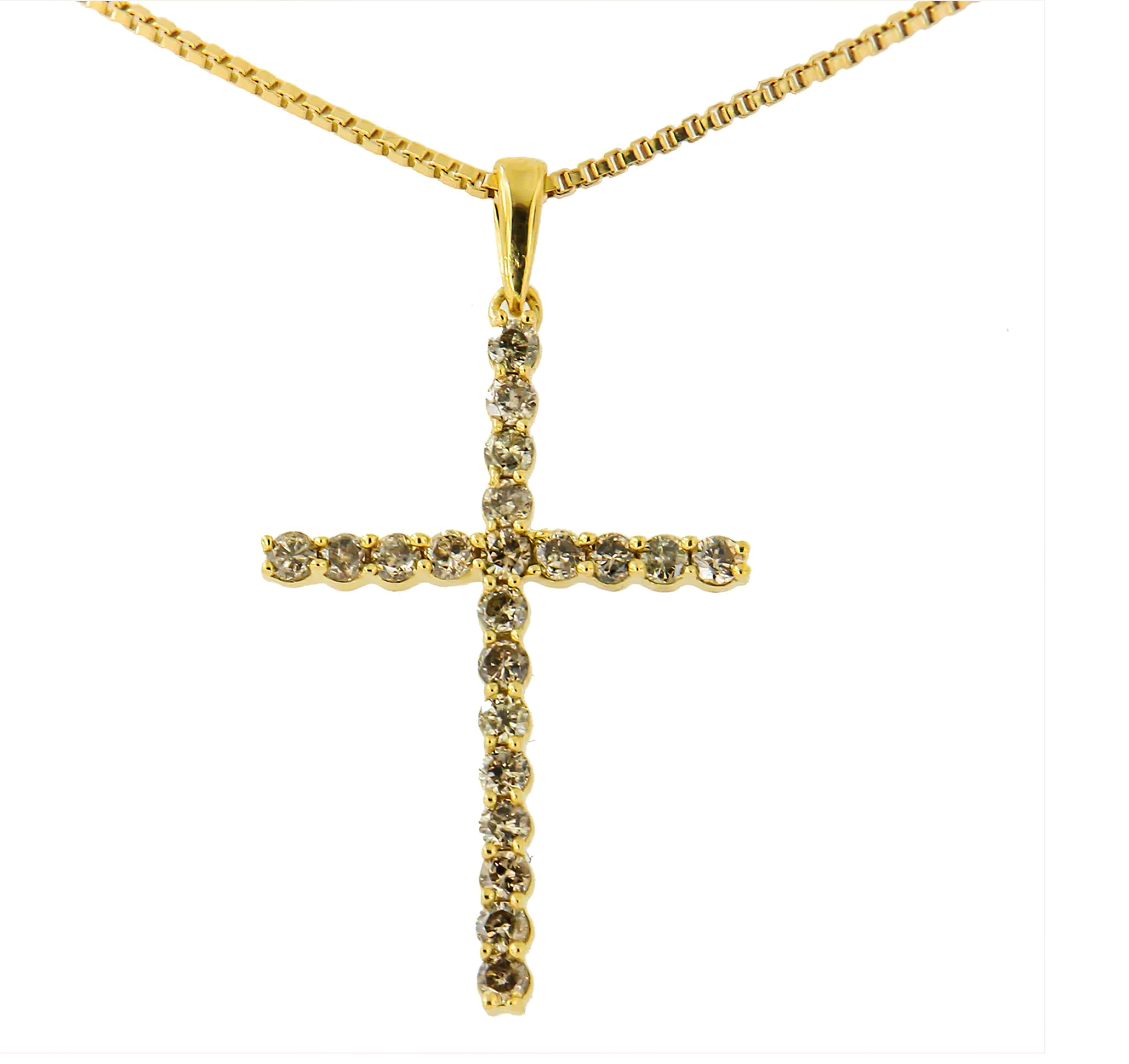 14K Yellow Gold Plated .925 Sterling Silver 1/2 Cttw Champagne Diamond Cross Pendant Necklace (K-L Color, I1-I2 Clarity) - 18" - Stormyjay