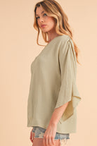 Parchment Solid Color Crinkled V Neck Ruffled Sleeve Blouse - Stormyjay