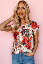 Red Floral Print Short Sleeve Blouse for Women - Stormyjay