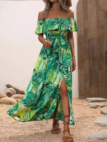 Off-shoulder lotus leaf edge printed dress HWF82UCWMN - Stormyjay