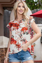 Red Floral Print Short Sleeve Blouse for Women - Stormyjay