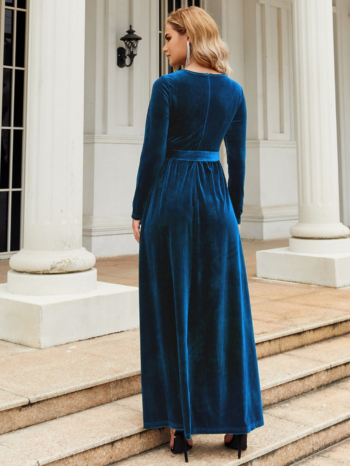 Tie Front Round Neck Long Sleeve Maxi Dress - Stormyjay