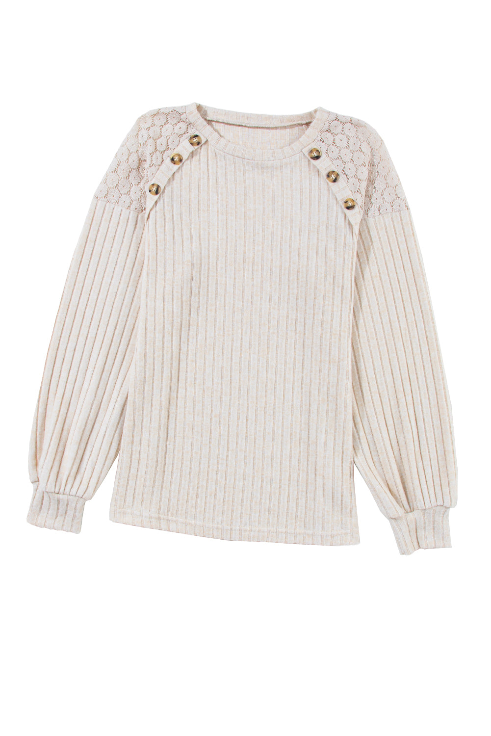 Parchment Contrast Lace Raglan Sleeve Buttoned Ribbed Top - Stormyjay