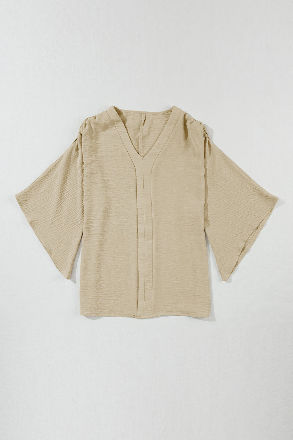 Parchment Solid Color Crinkled V Neck Ruffled Sleeve Blouse - Stormyjay