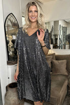 Dark Grey Sequin V Neck Dolman Sleeve Shift Dress - Stormyjay