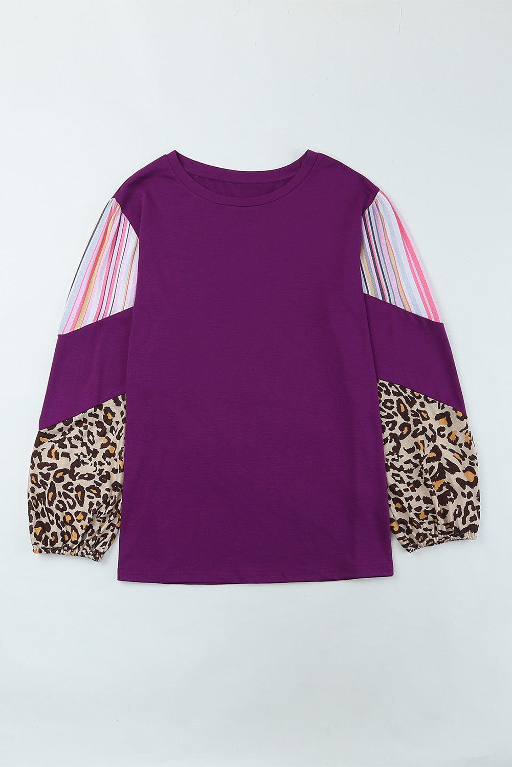 Purple Color Block Leopard Striped Sleeve Plus Size Top - Stormyjay