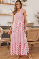 Pink Abstract Print Patchwork Sleeveless V Neck Tiered Dress - Stormyjay