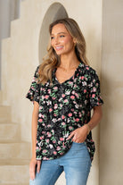 Sew In Love Floral Tie Neck Short Sleeve Blouse - Stormyjay