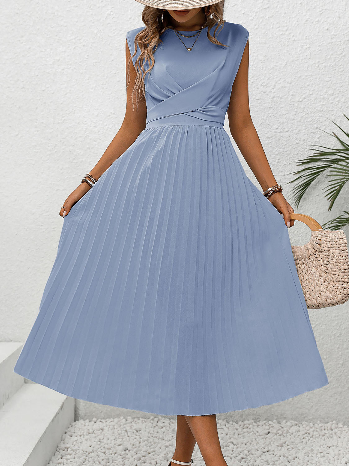 Pleated Round Neck Cap Sleeve Dress - Stormyjay