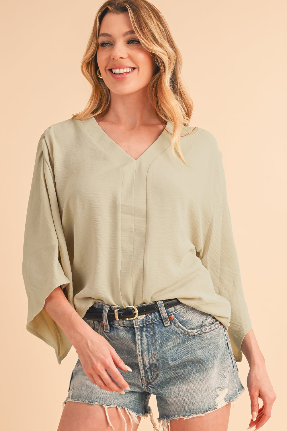 Parchment Solid Color Crinkled V Neck Ruffled Sleeve Blouse - Stormyjay