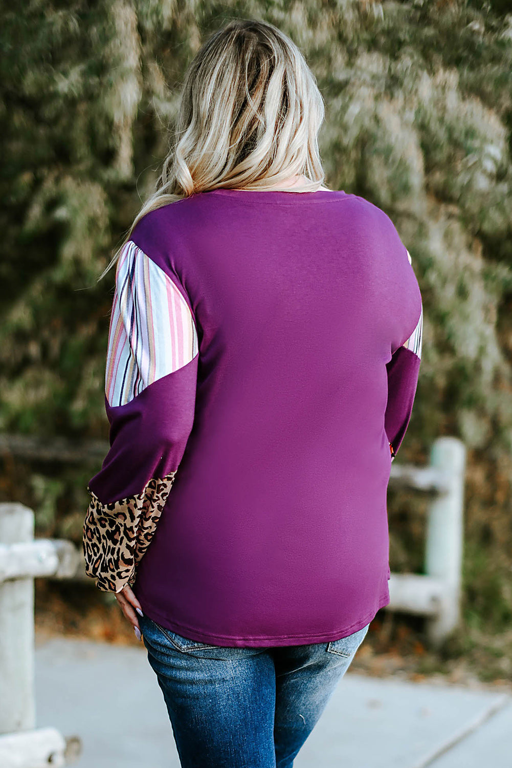 Purple Color Block Leopard Striped Sleeve Plus Size Top - Stormyjay