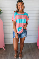 Rose & Blue Colorblock Exposed Seam Tee - Stormyjay