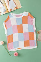 Grapefruit Orange Checkered Color Block Cap Sleeve Knitted Top - Stormyjay