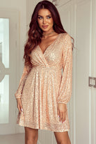 Apricot Wrapped V-neck Sequin Dress - Stormyjay