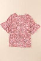 Pink Leopard Print Casual Flounce Sleeve Blouse for Women - Stormyjay