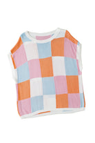 Grapefruit Orange Checkered Color Block Cap Sleeve Knitted Top - Stormyjay