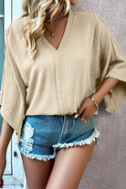 Parchment Solid Color Crinkled V Neck Ruffled Sleeve Blouse - Stormyjay