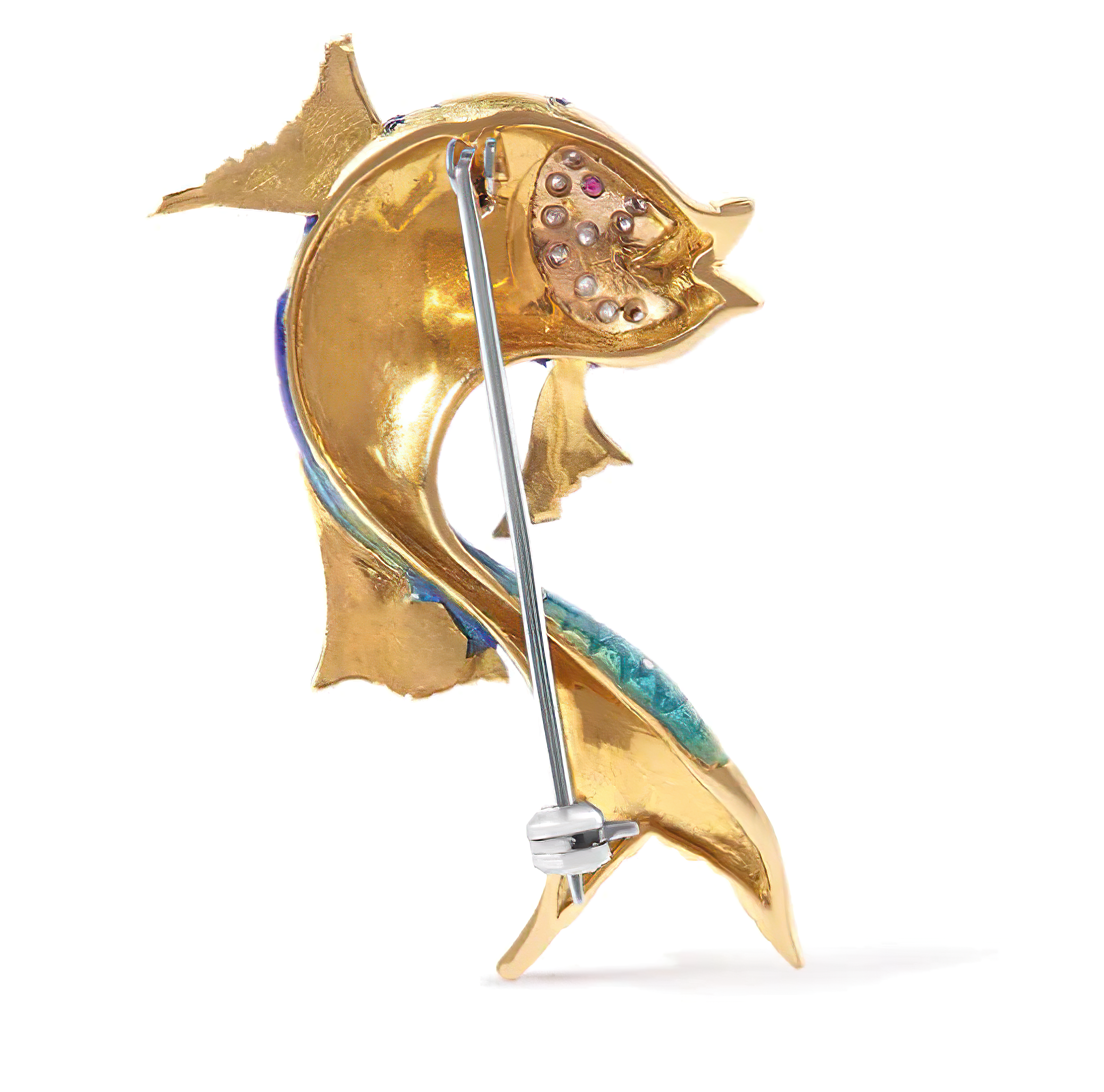 18K Yellow Gold and Blue Enamel Diamond and Pink Sapphire Fish Brooch Pin (H-I Color, VS2-SI1 Clarity) - Stormyjay