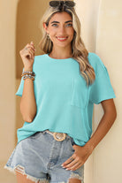 Turquoise Ribbed Knit Pocketed Loose Fit Crew Neck T Shirt - Stormyjay