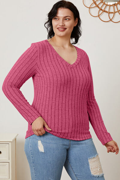 Basic Bae Full Size Ribbed V-Neck Long Sleeve T-Shirt - Stormyjay