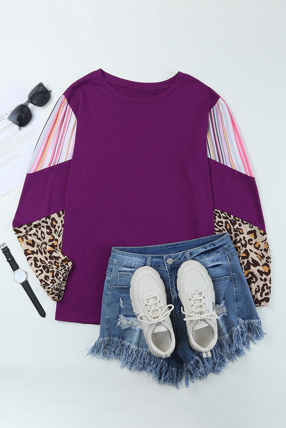 Purple Color Block Leopard Striped Sleeve Plus Size Top - Stormyjay