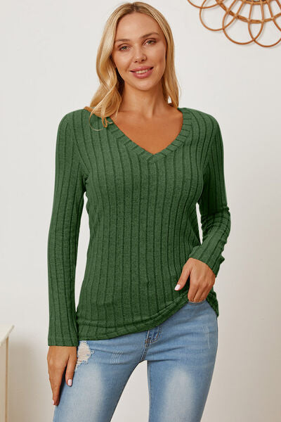 Basic Bae Full Size Ribbed V-Neck Long Sleeve T-Shirt - Stormyjay