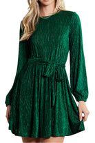 Green Crinkle Velvet Tie Waist Puff Sleeve Mini Dress - Stormyjay