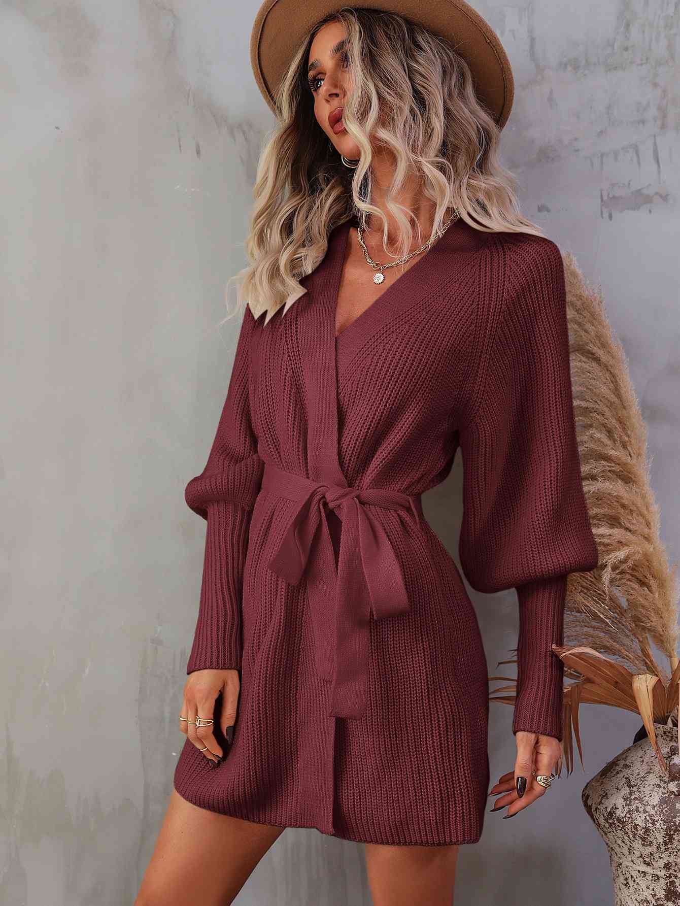 Belted Surplice Lantern Sleeve Wrap Sweater Dress - Stormyjay