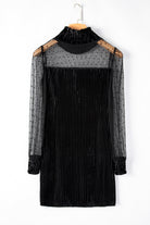 Black Dotted Mesh Striped Frilled Neck Bubble Sleeve Dress - Stormyjay