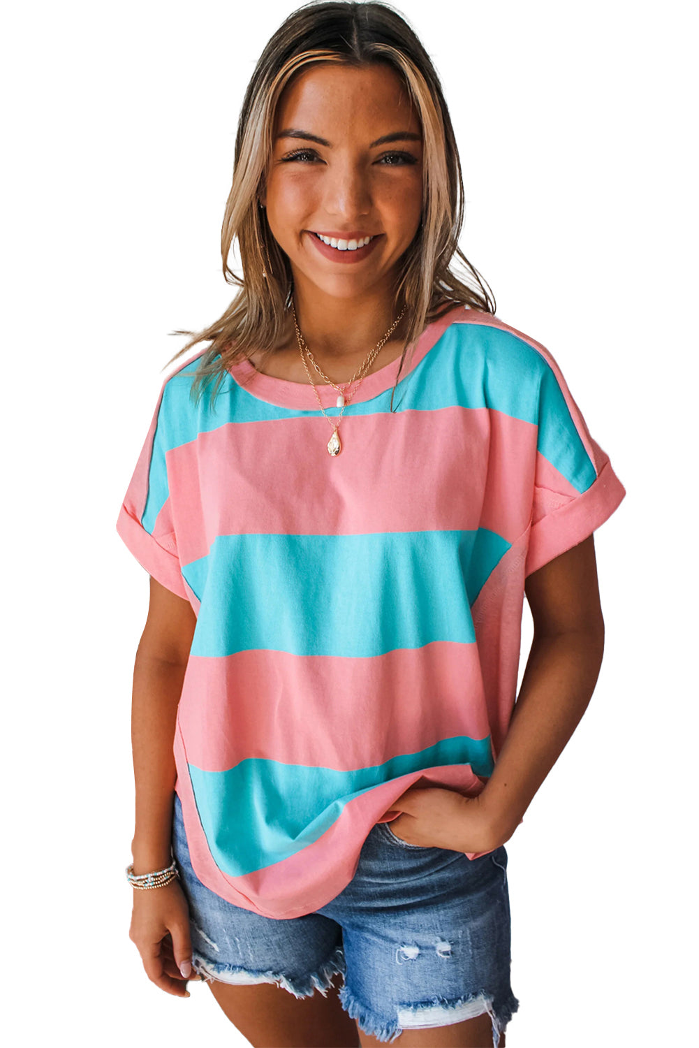 Rose & Blue Colorblock Exposed Seam Tee - Stormyjay