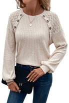 Parchment Contrast Lace Raglan Sleeve Buttoned Ribbed Top - Stormyjay