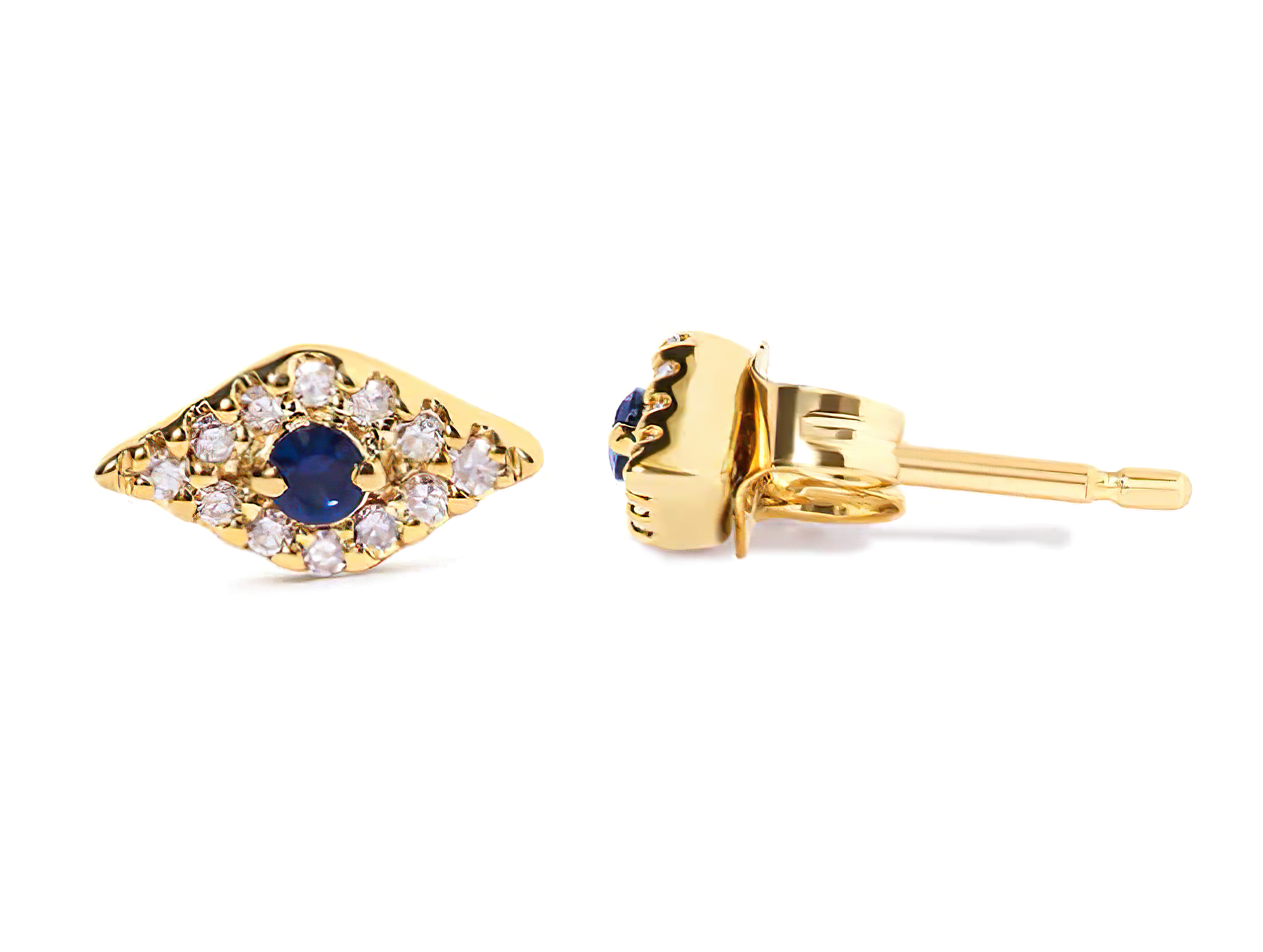 10K Yellow Gold Blue Sapphire and Diamond Accent Evil Eye Stud Earring (H-I Color, I1-I2 Clarity) - Stormyjay