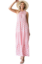 Pink Abstract Print Patchwork Sleeveless V Neck Tiered Dress - Stormyjay